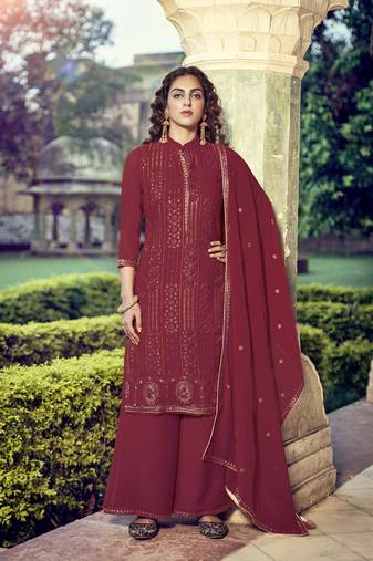 Maroon Embroidered Georgette  Straight Suit Free size full stitched Up To 42" Size
