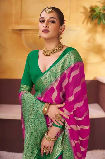 Pink & Green Georgette Saree