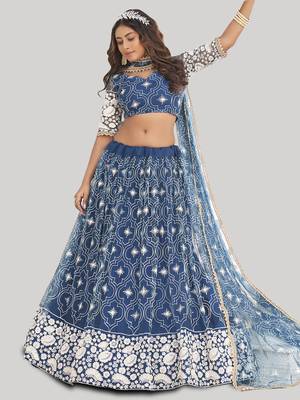 magnificent blue butterfly net cotton thread party lehenga 1