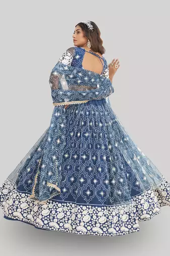 magnificent blue butterfly net cotton thread party lehenga