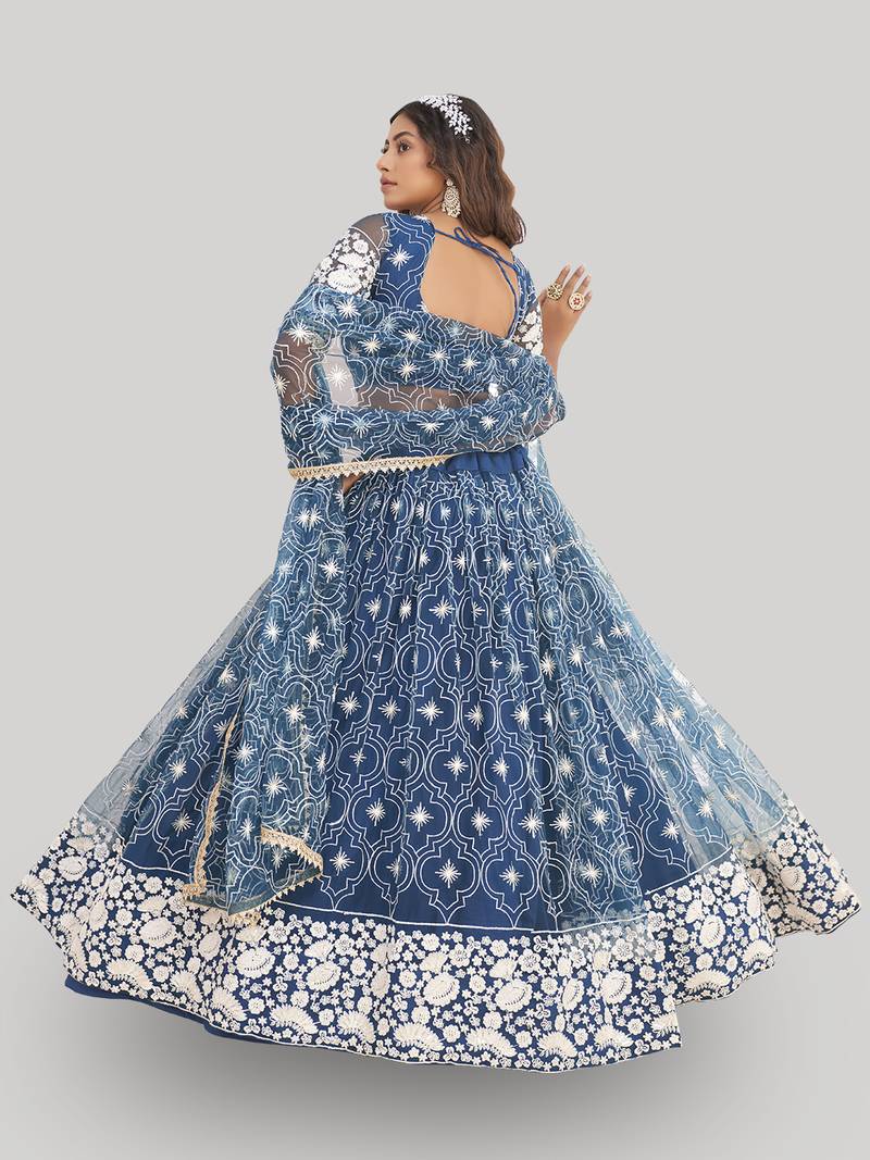 Magnificent Blue Butterfly Net Cotton Thread Party Wear Lehenga