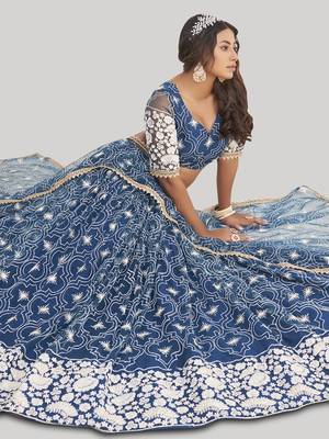 magnificent blue butterfly net cotton thread party lehenga 3