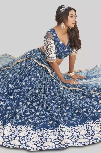magnificent blue butterfly net cotton thread party lehenga
