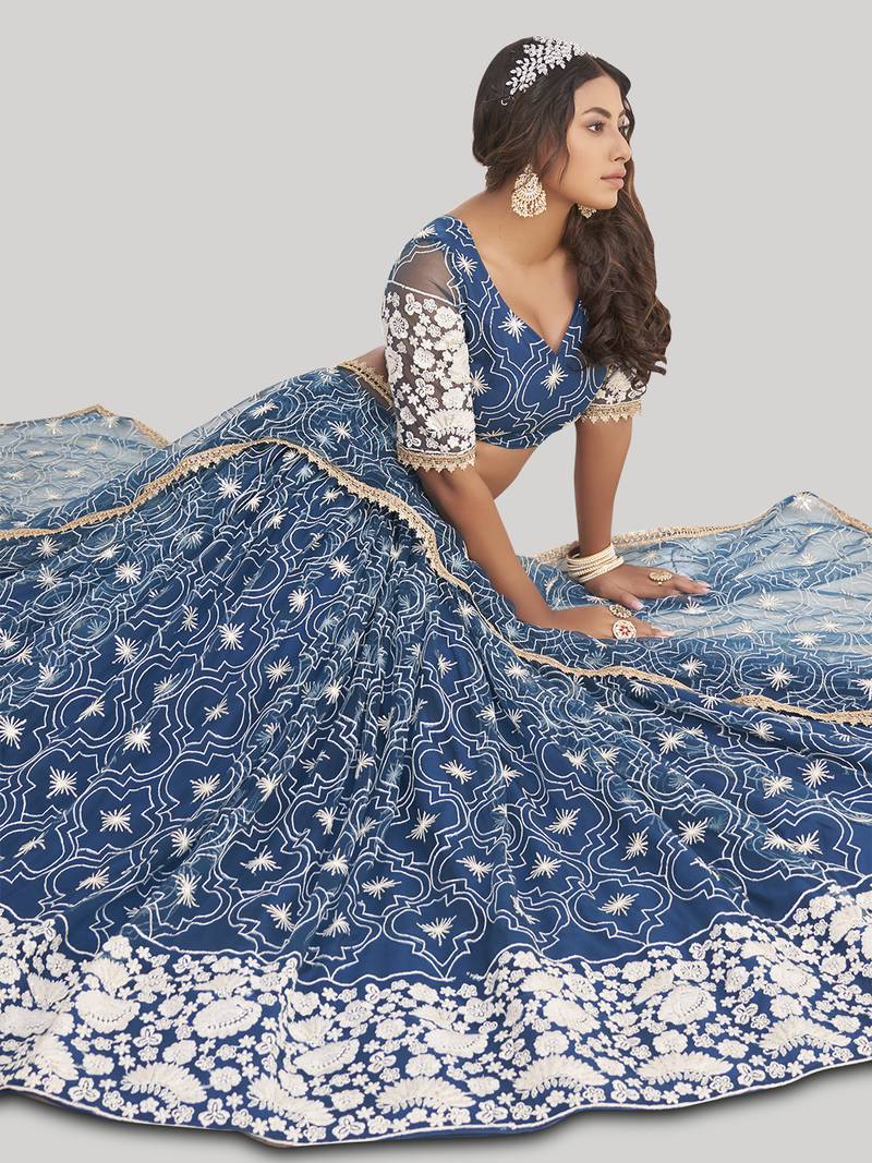 Magnificent Blue Butterfly Net Cotton Thread Party Wear Lehenga