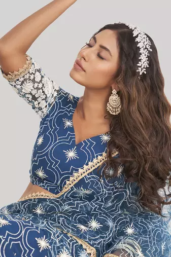 magnificent blue butterfly net cotton thread party lehenga
