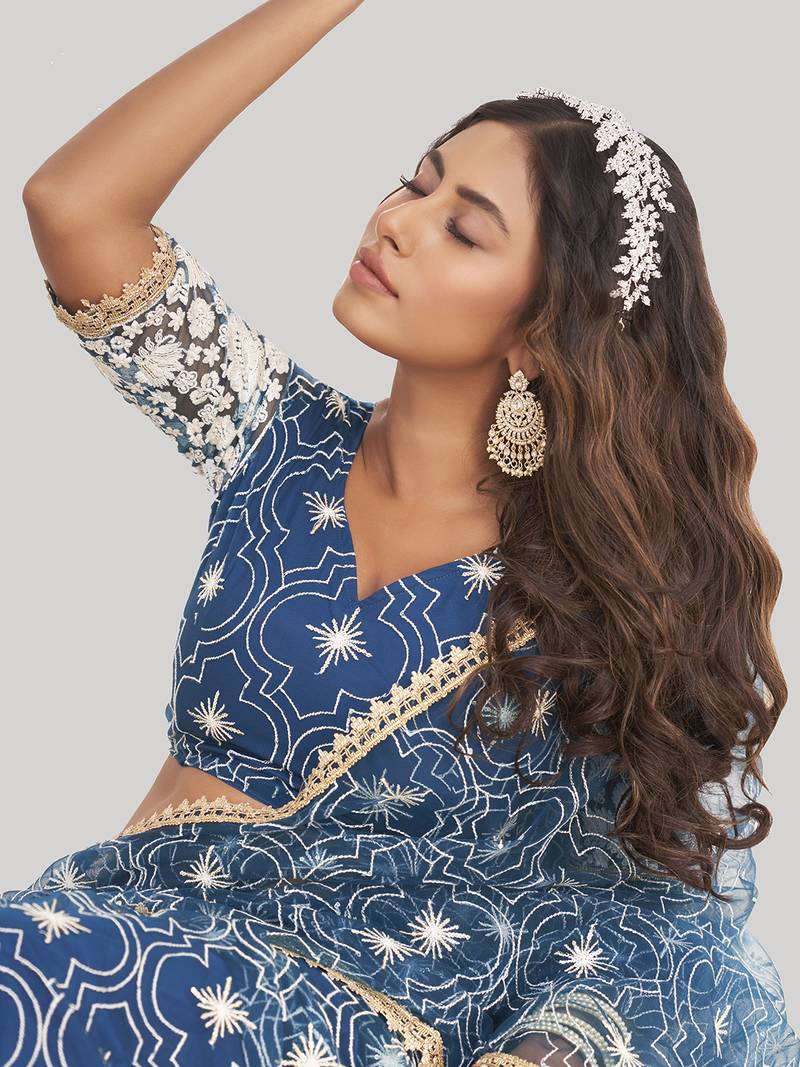 Magnificent Blue Butterfly Net Cotton Thread Party Wear Lehenga