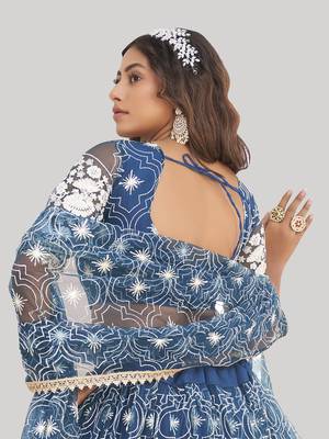 magnificent blue butterfly net cotton thread party lehenga 6