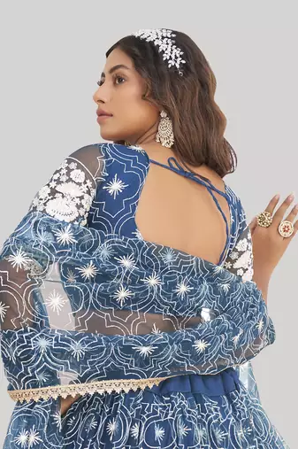 magnificent blue butterfly net cotton thread party lehenga