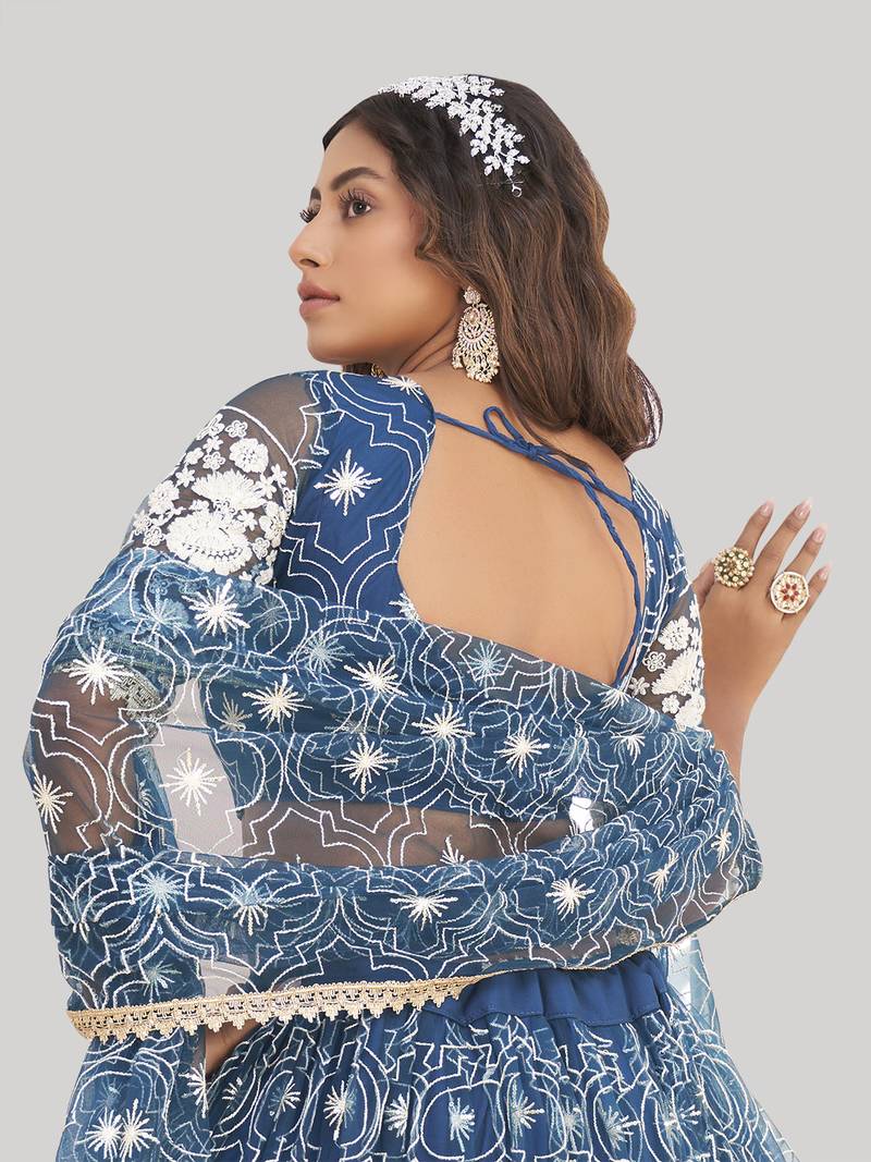 Magnificent Blue Butterfly Net Cotton Thread Party Wear Lehenga