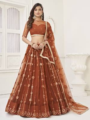 rust brown net sequins embroidered net lehenga set choli with dupatta  1