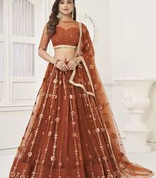 rust brown net sequins embroidered net lehenga set choli with dupatta 