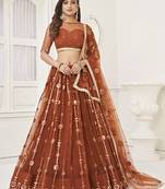 Rust Brown Net Sequins Embroidered Net Lehenga Choli Set