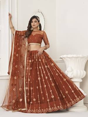 rust brown net sequins embroidered net lehenga set choli with dupatta  2