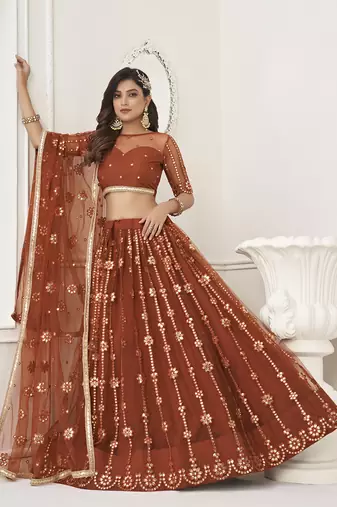 rust brown net sequins embroidered net lehenga set choli with dupatta 