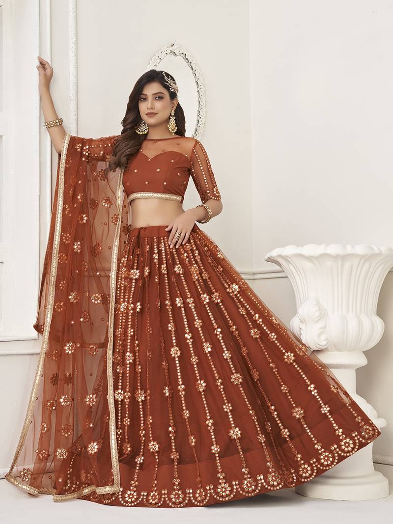 Rust Brown Net Sequins Embroidered Net Lehenga Choli Set