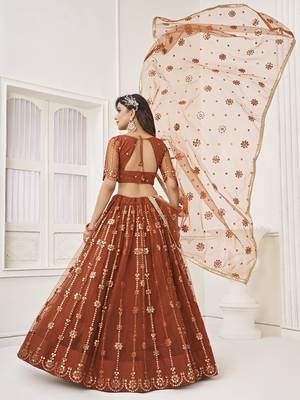 rust brown net sequins embroidered net lehenga set choli with dupatta  3