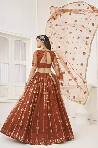 rust brown net sequins embroidered net lehenga set choli with dupatta 