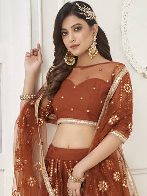 rust brown net sequins embroidered net lehenga set choli with dupatta  4