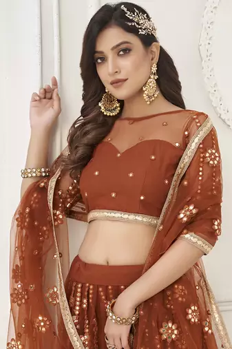 rust brown net sequins embroidered net lehenga set choli with dupatta 