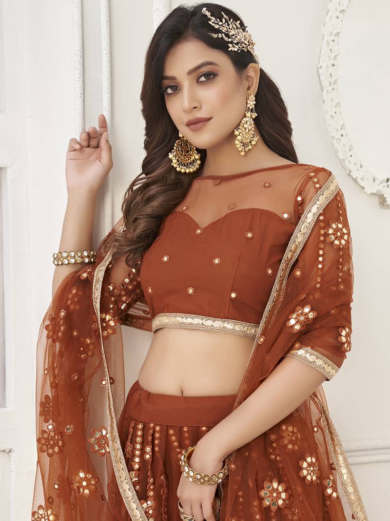 Rust Brown Net Sequins Embroidered Net Lehenga Choli Set