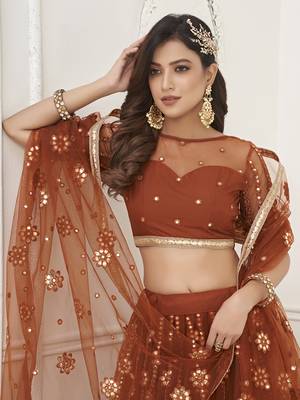 rust brown net sequins embroidered net lehenga set choli with dupatta  5
