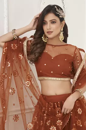 rust brown net sequins embroidered net lehenga set choli with dupatta 