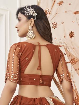 rust brown net sequins embroidered net lehenga set choli with dupatta  6