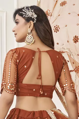 rust brown net sequins embroidered net lehenga set choli with dupatta 