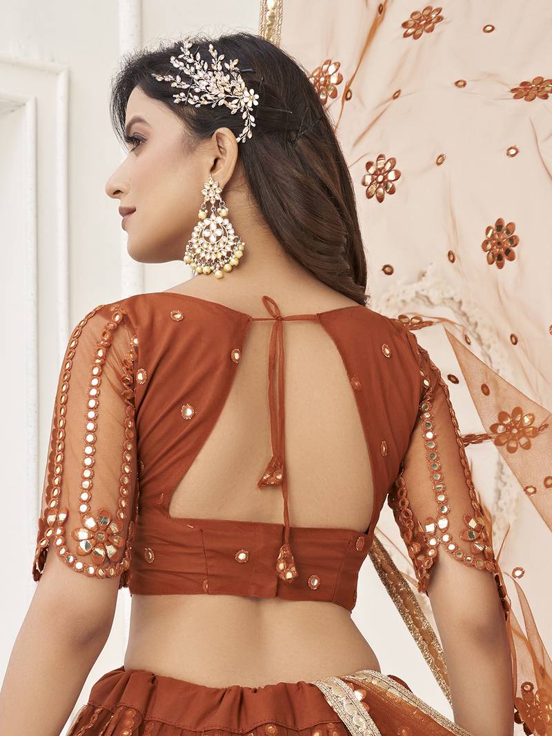 Rust Brown Net Sequins Embroidered Net Lehenga Choli Set