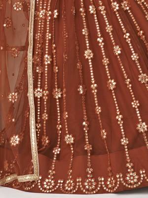 rust brown net sequins embroidered net lehenga set choli with dupatta  7