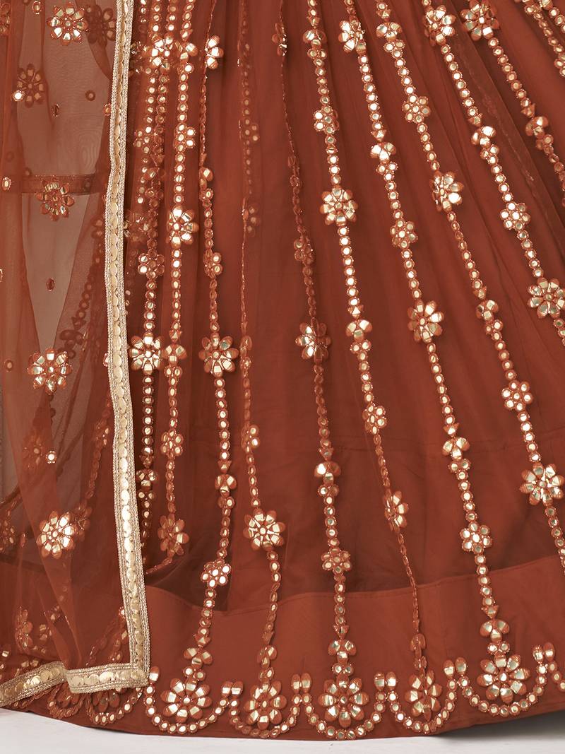 Rust Brown Net Sequins Embroidered Net Lehenga Choli Set