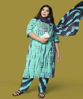 Turquoise Navy Blue Cotton Printed Sequins Embellished Kurta With Trouser And Dupatta 1
