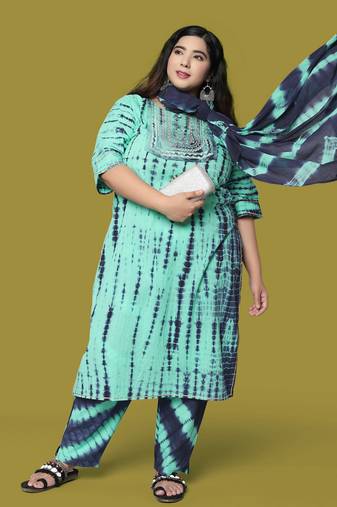 Turquoise Navy Blue Cotton Printed Sequins Embellished Kurta With Trouser And Dupatta