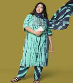 Turquoise Navy Blue Cotton Printed Sequins Embellished Kurta With Trouser And Dupatta