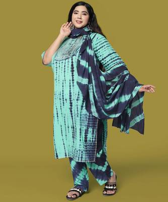 Turquoise Navy Blue Cotton Printed Sequins Embellished Kurta With Trouser And Dupatta 2