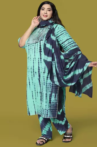 Turquoise Navy Blue Cotton Printed Sequins Embellished Kurta With Trouser And Dupatta