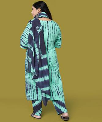Turquoise Navy Blue Cotton Printed Sequins Embellished Kurta With Trouser And Dupatta 3
