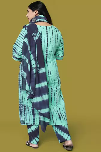 Turquoise Navy Blue Cotton Printed Sequins Embellished Kurta With Trouser And Dupatta