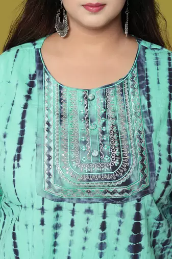 Turquoise Navy Blue Cotton Printed Sequins Embellished Kurta With Trouser And Dupatta