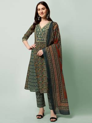 Teal Blue Cotton Gotta Patti Work Sequins Leheriya Printed Kurta With Trouser & Dupatta 1
