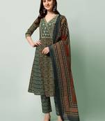 Teal Blue Cotton Gotta Patti Work Sequins Leheriya Printed Kurta With Trouser & Dupatta