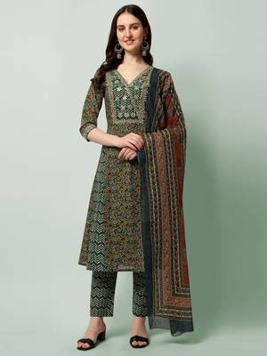 Teal Blue Cotton Gotta Patti Work Sequins Leheriya Printed Kurta With Trouser & Dupatta 2