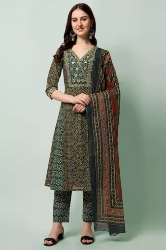 Teal Blue Cotton Gotta Patti Work Sequins Leheriya Printed Kurta With Trouser & Dupatta