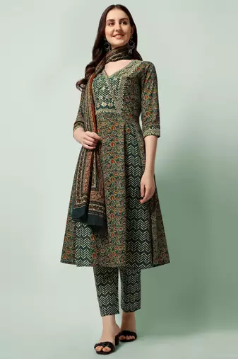Teal Blue Cotton Gotta Patti Work Sequins Leheriya Printed Kurta With Trouser & Dupatta