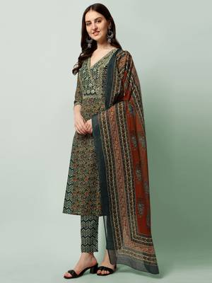 Teal Blue Cotton Gotta Patti Work Sequins Leheriya Printed Kurta With Trouser & Dupatta 4