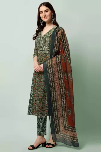 Teal Blue Cotton Gotta Patti Work Sequins Leheriya Printed Kurta With Trouser & Dupatta