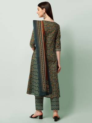 Teal Blue Cotton Gotta Patti Work Sequins Leheriya Printed Kurta With Trouser & Dupatta 5