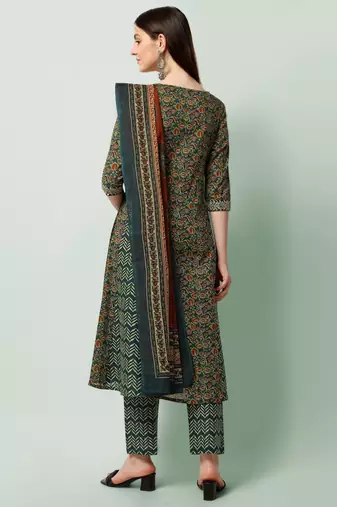 Teal Blue Cotton Gotta Patti Work Sequins Leheriya Printed Kurta With Trouser & Dupatta