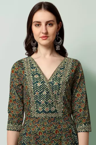 Teal Blue Cotton Gotta Patti Work Sequins Leheriya Printed Kurta With Trouser & Dupatta