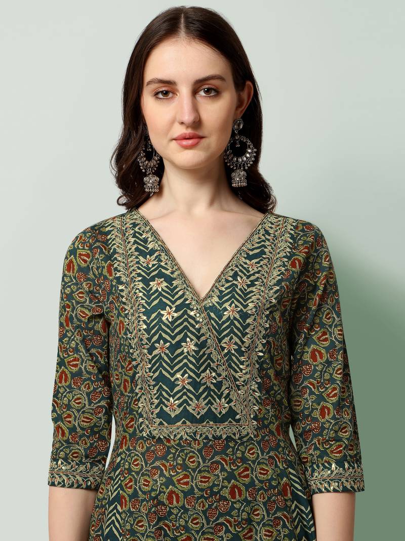 Teal Blue Cotton Gotta Patti Work Sequins Leheriya Printed Kurta With Trouser & Dupatta